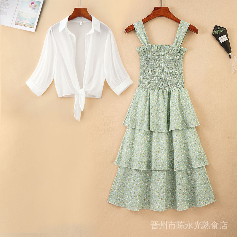 set đồ nữ váy chân váy váy nữ váy đi biển đầm dự tiệc chân váy dài váy trắng váy hoa nhí dáng xòe chữ a ao chống nắng toàn thân đầm hoa nhí cổ vuông tay bồng bộ đũi bèo tiểu thư do lot ren sexy Bộ Đầm Voan Hoa Hai Dây + Áo Choàng Thời Trang Mùa Hè Xinh X