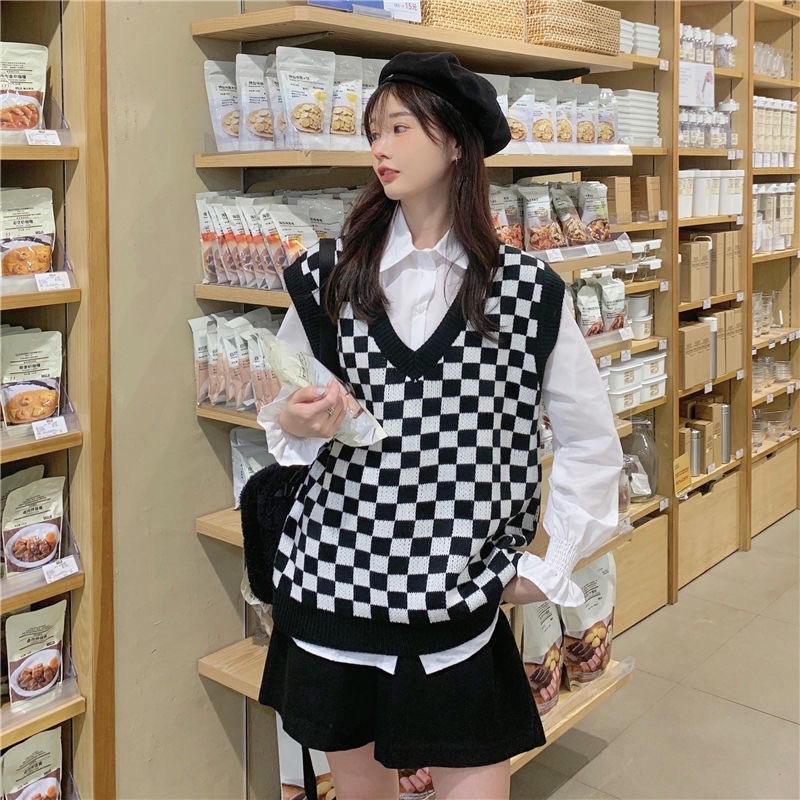 Áo gile len nữ cổ V họa tiết kẻ sọc caro phong cách Hàn Quốc GL5 | BigBuy360 - bigbuy360.vn