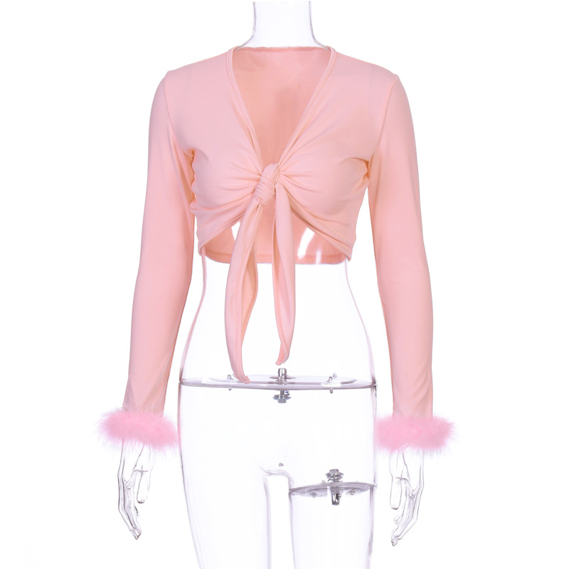 Áo Croptop Tay Dài Phối Dây Thắt Nơ Kiểu Dáng Quyến Rũ Cho Nữ