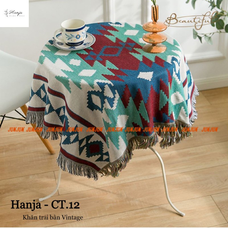 N07_Khăn trải bàn hình chữ nhật/tròn cotton&lanh Morandi organic họa tiết thổ cẩm có tua phong cách Bắc Âu
