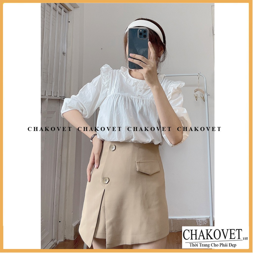 Áo babydoll tay lỡ 2 cúc bọc cka803, kiểu áo sơ mi nữ cao cấp cổ tròn bèo màu trắng phong cách ulzzang đẹp dễ thương | BigBuy360 - bigbuy360.vn