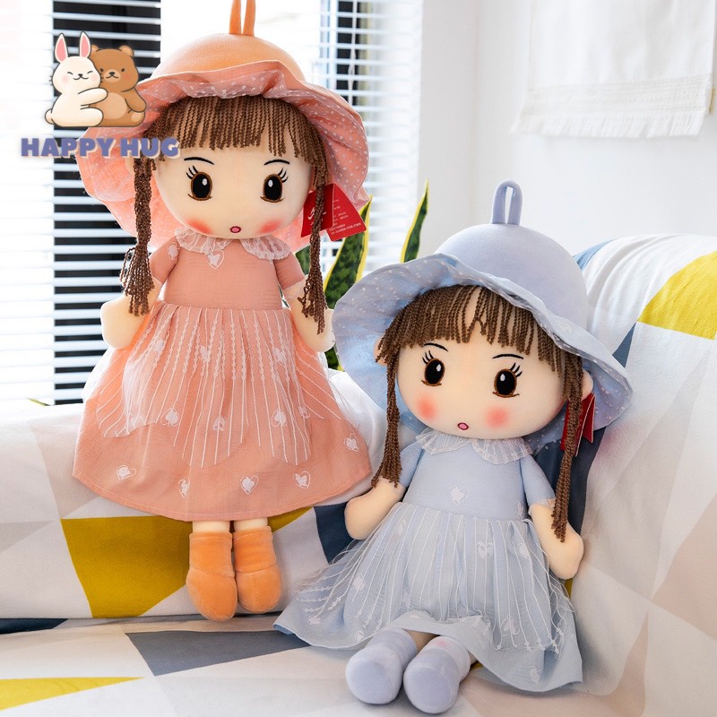 Đồ chơi gấu bông búp bê vải có tóc váy thô mềm 2 lớp size 50/70cm, búp bê nhồi bông đáng yêu cho bé gái - Happy Hug