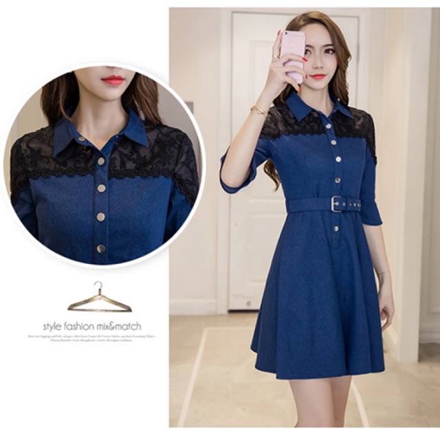 Đầm jean xoè tay lửng cổ bẻ phối ren kèm nịt thắt eo