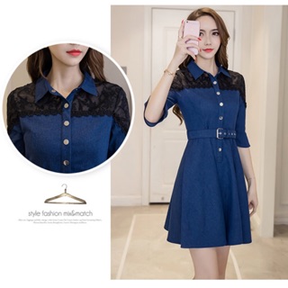 Đầm jean xoè tay lửng cổ bẻ phối ren kèm nịt thắt eo