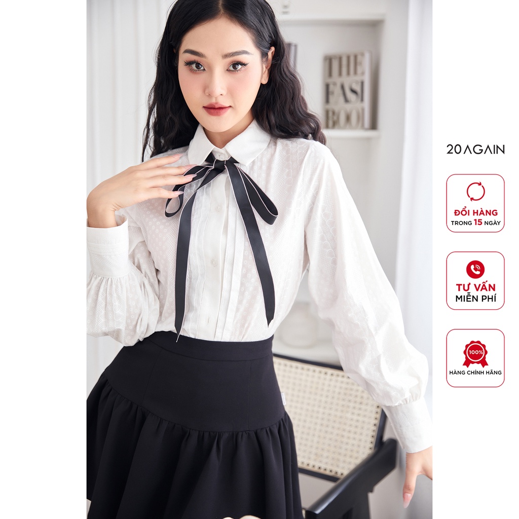 Áo sơ mi dài tay 20AGAIN, thiết kế cổ vuông thắt nơ nữ tính, điệu đà ASA2209