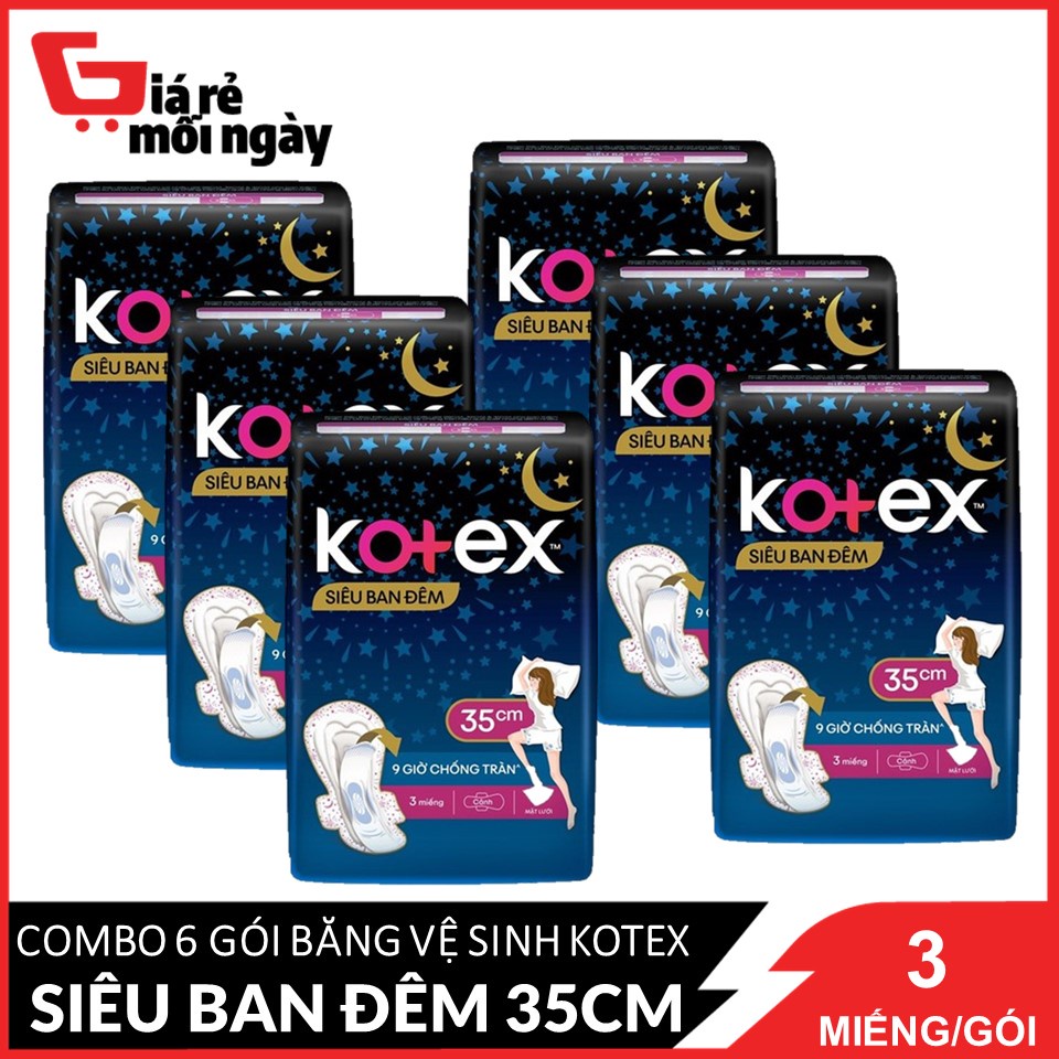 COMBO 6 gói băng vệ sinh Kotex Siêu ban đêm 35cm 3 miếngX6