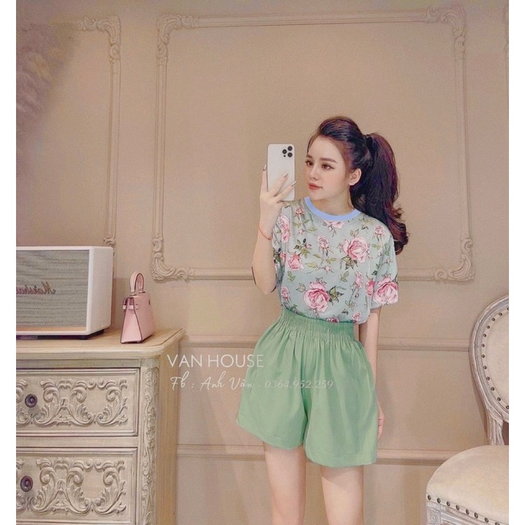 set áo hoa lụa kèm quần short màu xanh cho nữ
