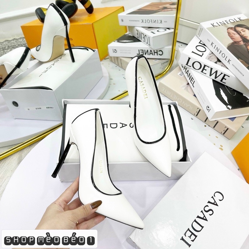 Giày cao gót casadi trắng mũi nhọn gót nhọn fullbox hàng quảng châu cao cấp