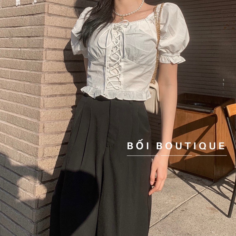 [100% GIỐNG ẢNH] Áo croptop cổ vuông tay ngắn ôm eo hợp thời tang trang hè | BigBuy360 - bigbuy360.vn
