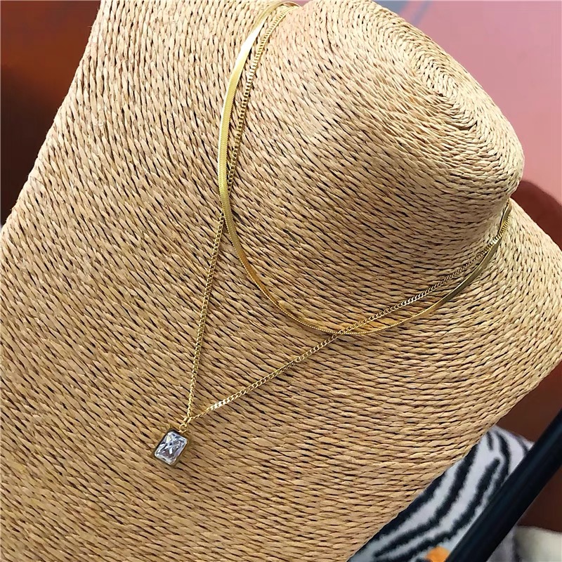 Dây Chuyền Hai Lớp Bằng Thép Titan Mạ Vàng Hồng 18k Đính Đá Kim Cương Thời Trang