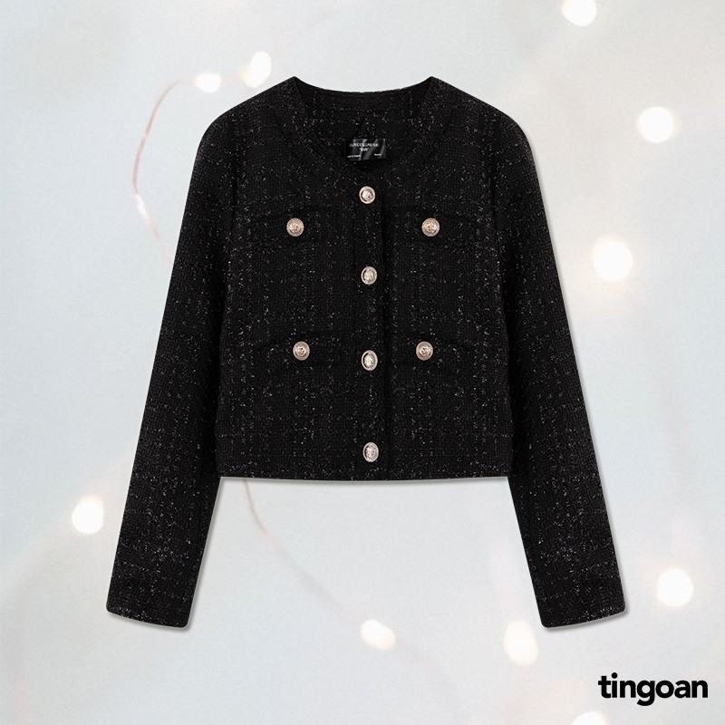 TINGOAN®  - Áo khoác tweed lửng phẩy đen có cúc cài tingoan FLORENCE JACKET V2/BL
