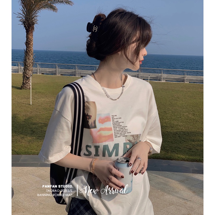 Áo Thun Tay Ngắn Cổ Tròn Hoạ Tiết In Phong Cách Hàn Quốc