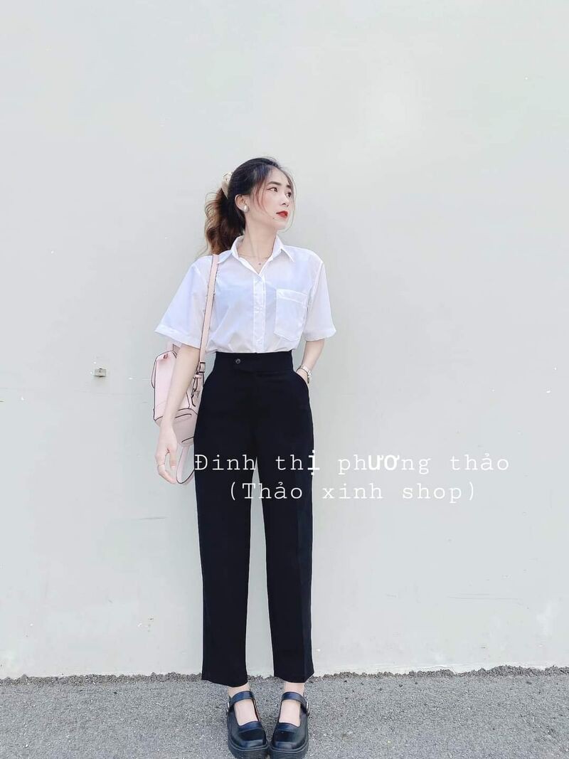 Áo sơ mi nữ trắng trơn túi tay lỡ fom rộng