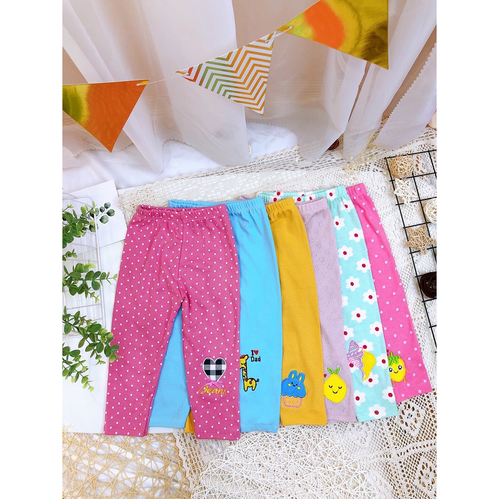 COMBO 3 Quần Legging Dài Thêu Nổi Xinh Xắn In Hình Đáng Yêu Cho Bé Gái 10-25Kg