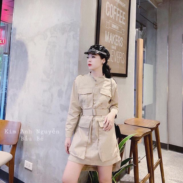 Đầm sơ mi tay dài phối túi