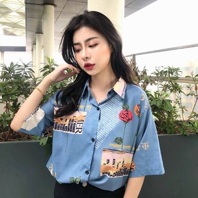 Áo sơ mi ngắn tay họa tiết hoa hồng thanh lịch thời trang nữ | BigBuy360 - bigbuy360.vn