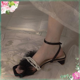 [giày cao gót] Giày Sandal Gót Vừa Dày Quai Lưới Đính Ngọc Trai Thời Trang Nữ Chính Hãng 2022