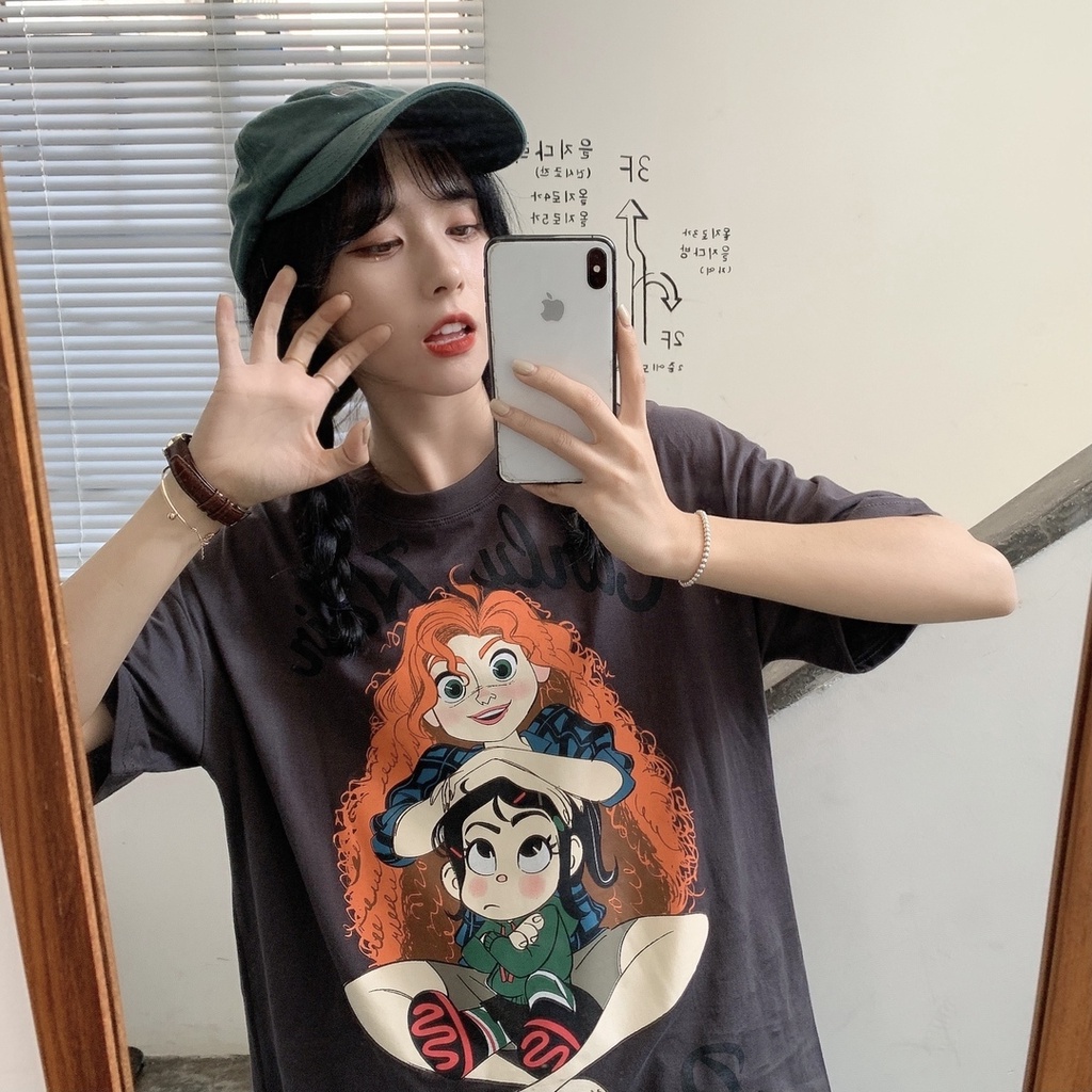 Áo thun tay ngắn cổ tròn in họa tiết hoạt hình thời trang hàn quốc cho nữ