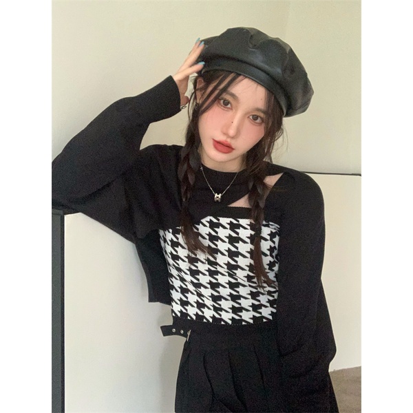 QKOOLE  áo len tay dài và áo khoác len không tay phong cách Hàn Quốc thời trang cho nữ（Only one cardigan）