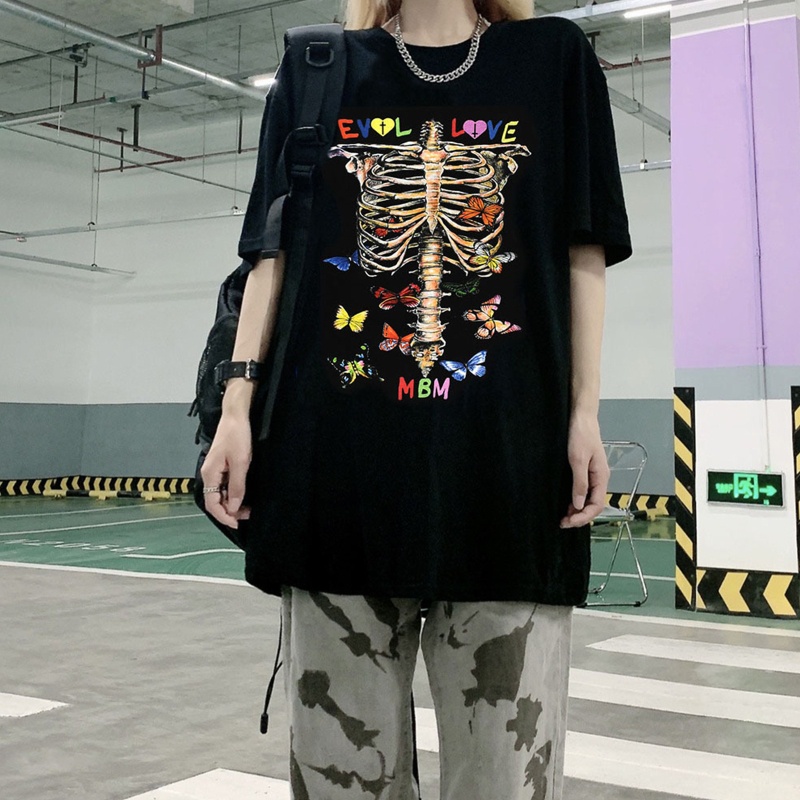 Brroa Áo Thun Tay Ngắn Oversize In Hình Bộ Xương Ngực Nhiều Màu Sắc Phong Cách Gothic Punk Harajuku Cho Nữ
