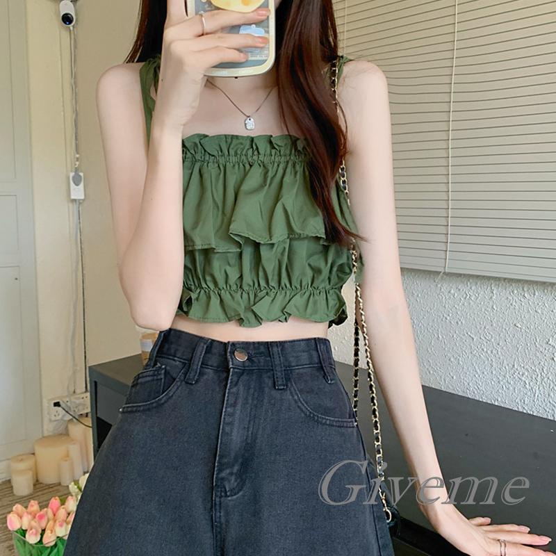 Áo Croptop Hai Dây Nhún Bèo Màu Trơn Thời Trang Mùa Hè Cho Nữ