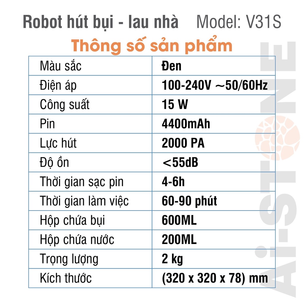 Robot hút bụi lau nhà tự sạc thông minh Ai-STONE V31S, Điều khiển App, 4 chế độ làm sạch Cảm biến chống rơi BH 12 tháng