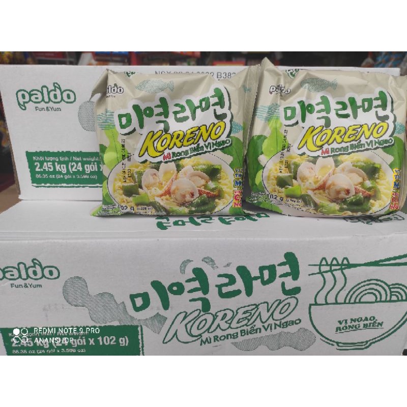 Thùng 24 gói mì rong biển vị ngao Koreno 102g