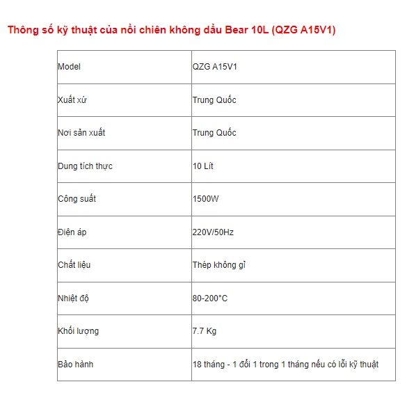 Nồi Chiên Không Dầu, Lò Nướng Đối lưu BEAR QZG-A15V1 - 10 Lít Hàng Chính Hãng Bảo Hành 12 Tháng