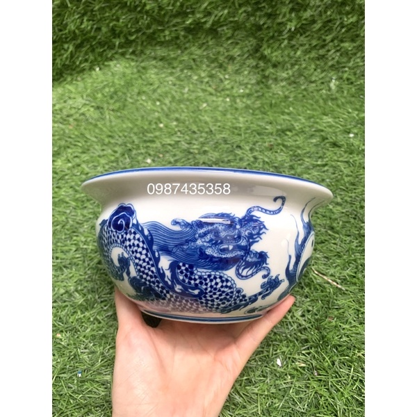 Bát hương dáng lựu vẽ rồng men lam L1 gốm sứ Bát Tràng