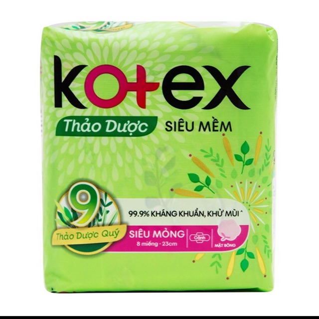 Băng vệ sinh thảo dược siêu mềm siêu mỏng cánh Kotex 23cm (Gói 8 miếng)