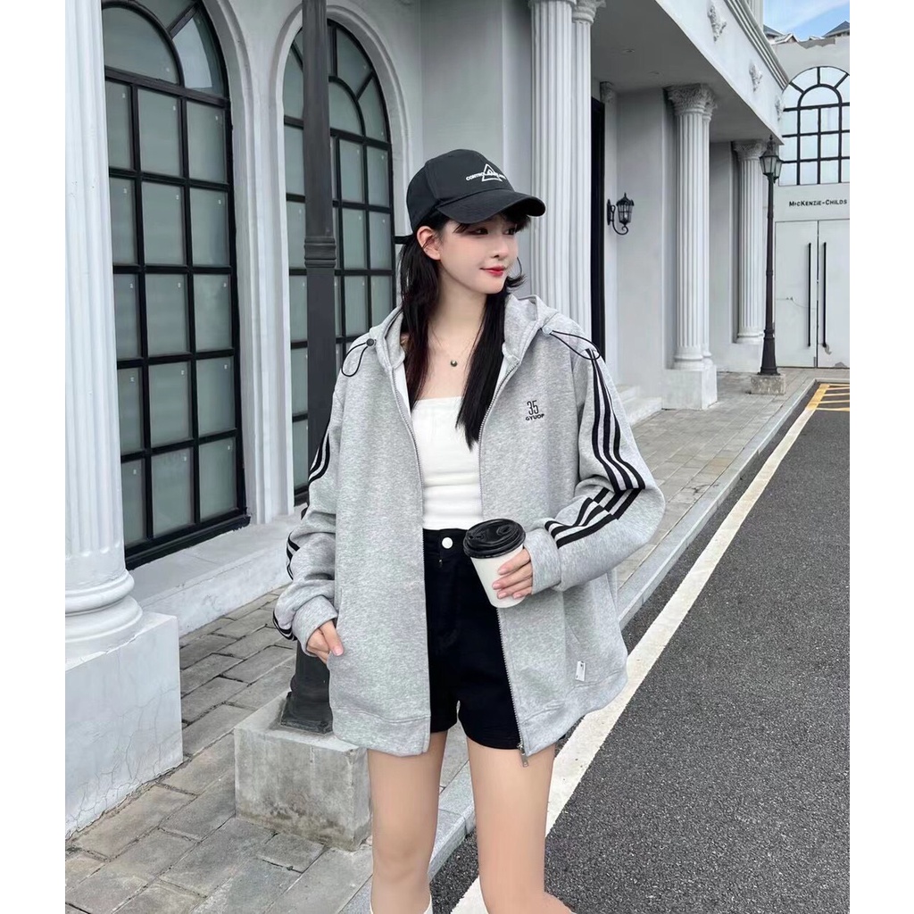 Áo khoác nỉ ngoại 3 sọc thêu 35 unisex [FREESHIP] Khoát hoodie zip form rộng tay bồng kiểu dáng thể thao peonyb ulzzang