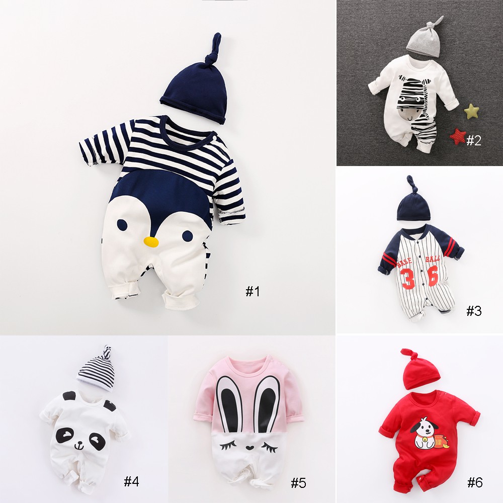 Bộ Áo Liền Quần 100% Cotton Tay Dài In Họa Tiết Động Vật Dễ Thương Cho Bé Sơ Sinh
