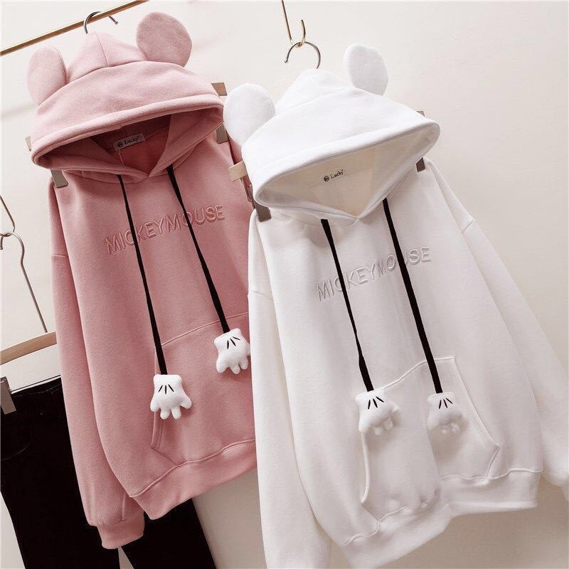 Áo hoodie dáng rộng có mũ trùm đầu mùa thu đông dễ thương kiểu tai thú cho nữ