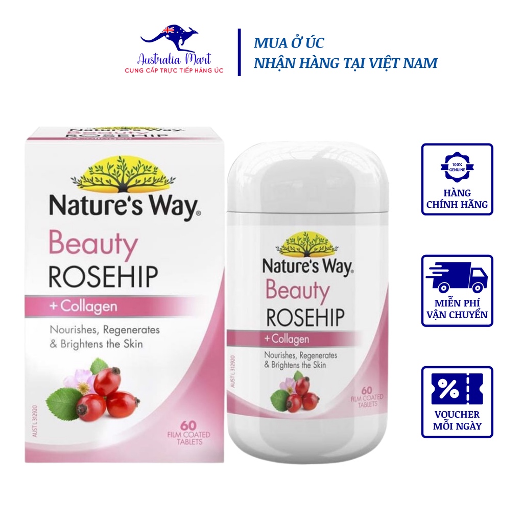 Viên uống Collagen và tầm xuân Nature’s Way Beauty Rosehip + Collagen 60 viên (Hộp)