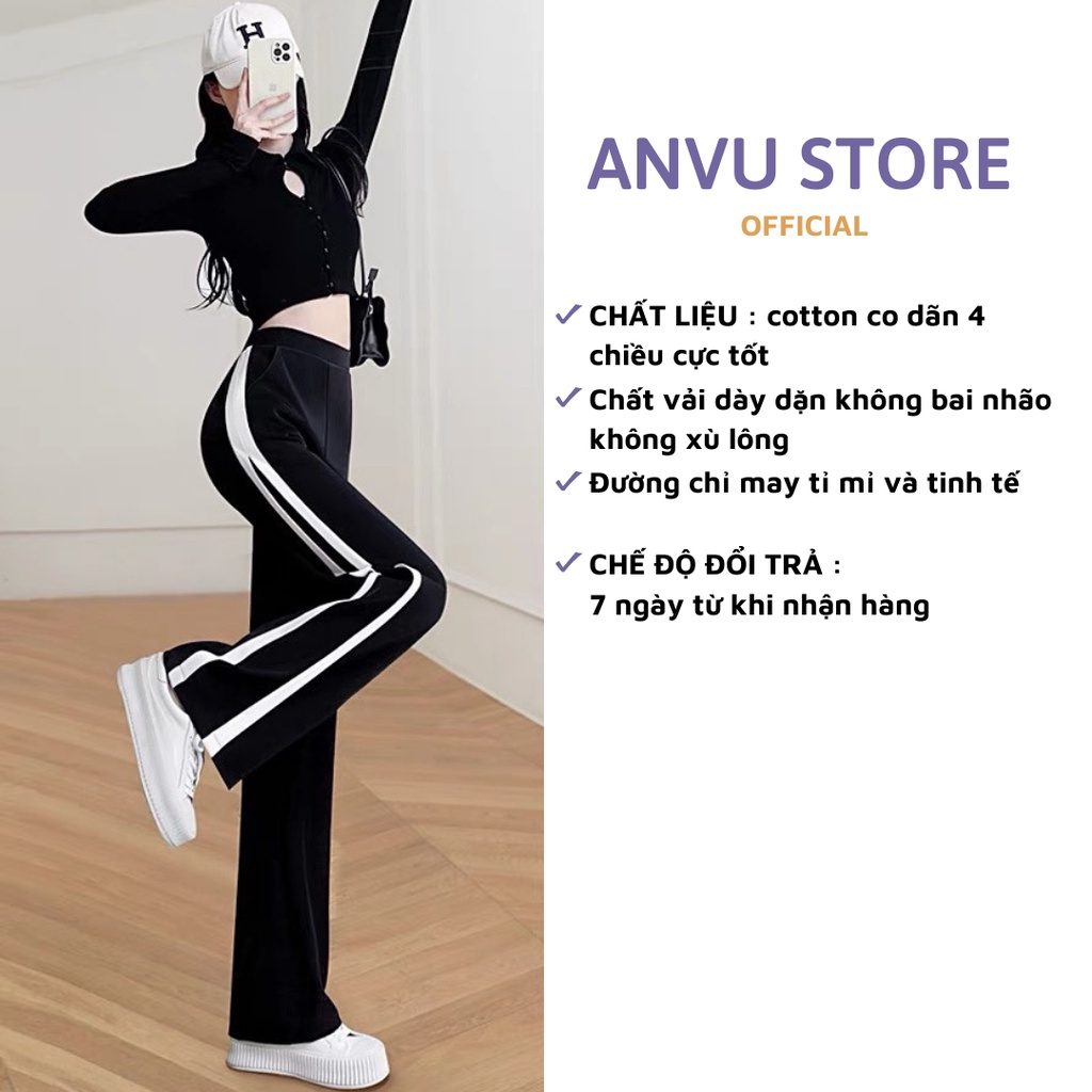 Quần ống rộng suông bigsize nữ 2 sọc lưng cao cạp chun vải cotton cao cấp co dãn 4 chiều không bai xù phong cách Hàn