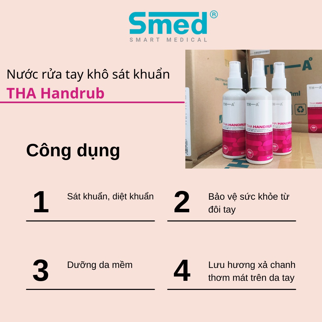 Dung dịch rửa tay khô THA HANDRUB sát khuẩn phù hợp cho mọi loại da, tăng cường dưỡng ẩm tự nhiên chai 100ml