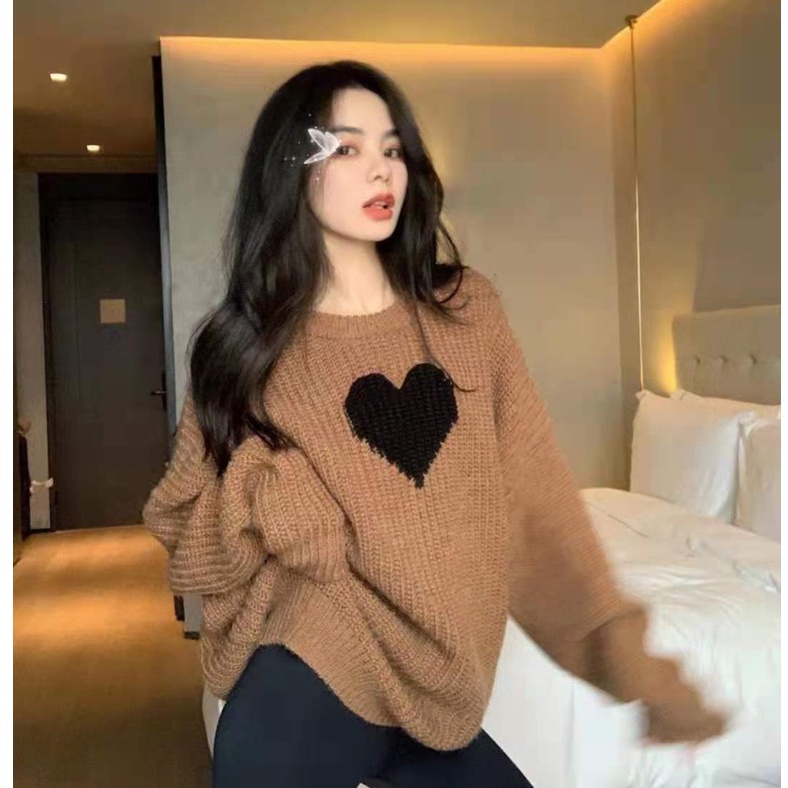 Porozi  Áo Sweater Tay Dài Cổ Tròn Họa Tiết Trái Tim Phong Cách Hàn Quốc Thời Trang Cho Nữ
