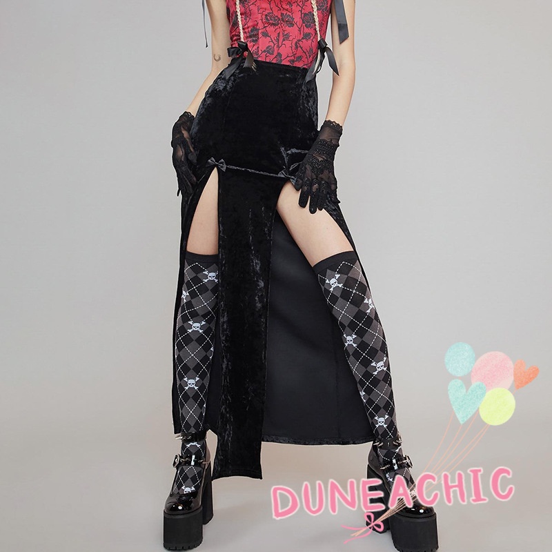 DUNEA Chân Váy Nhung Dáng Dài Xẻ Tà Phong Cách Gothic