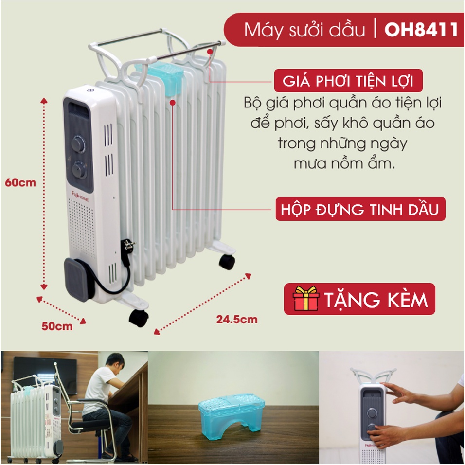 Máy sưởi dầu Nhật Bản Nhập Khẩu không khô da Fujihome 11 thanh, máy sưởi ấm điện tự ngắt không đốt oxy không gốm mini