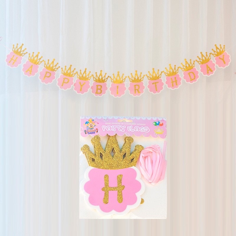 Dây chữ sinh nhật happy birthday hình vuơng miện kim tuyến lấp lánh màu pastel xanh hồng