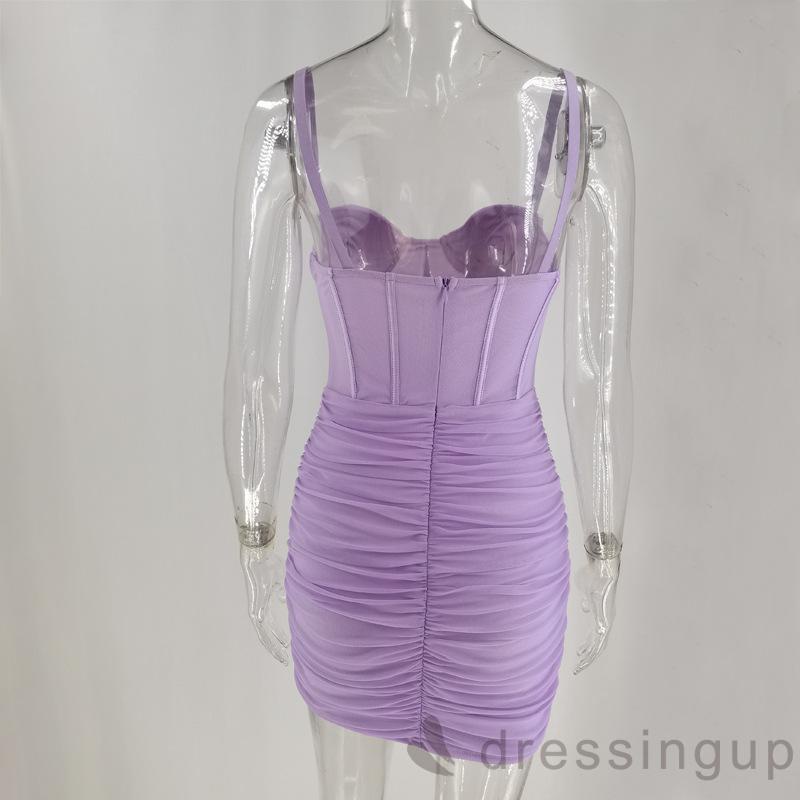 Đầm ngắn hở lưng phối lưới màu trơn thời trang cho nữ