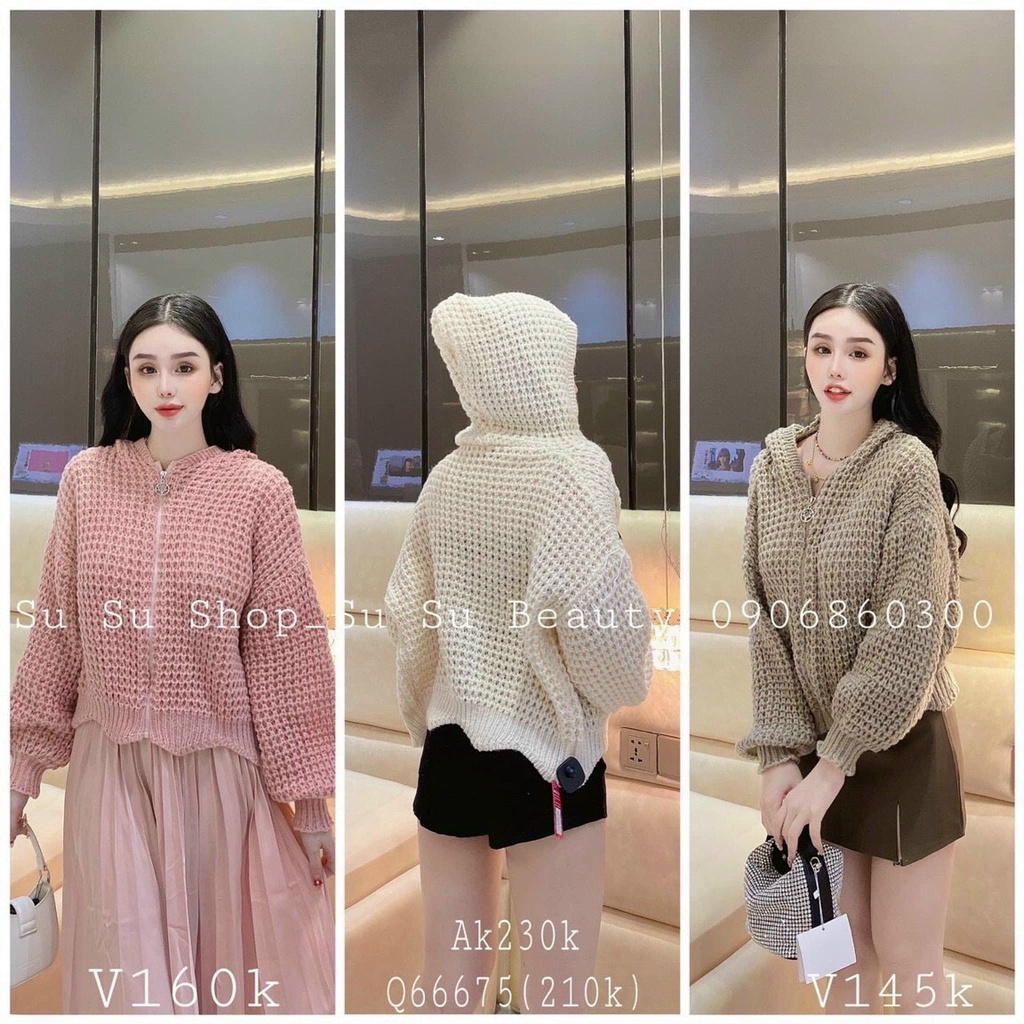 Áo khoác cardigan len hạt gạo khoá mũ