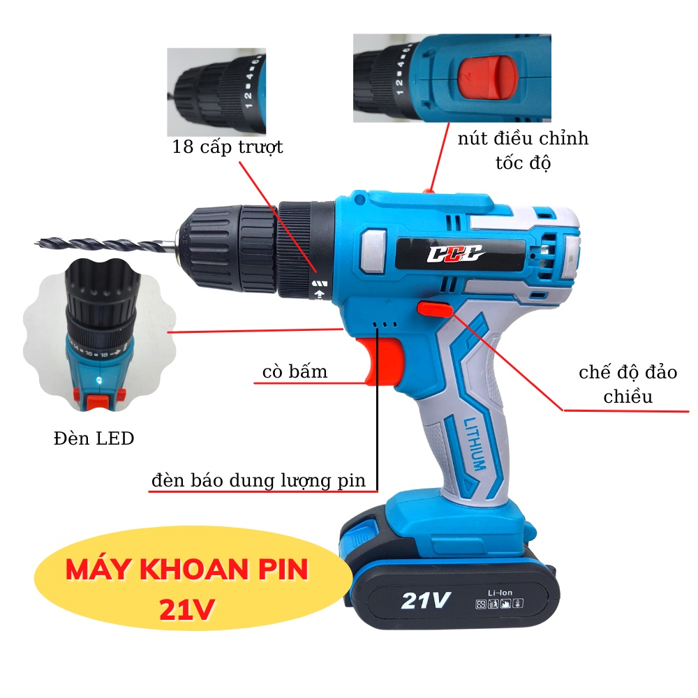 G1021 Máy khoan pin 21V công nghệ Thái Lan, công suất 720w, đèn LED siêu sáng |Tặng kèm bộ phụ kiện 25 chi tiết