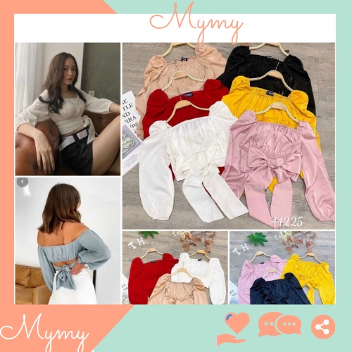 Áo Kiểu Croptop Trễ Vai Cúp Ngực Tay Phồng Chất Voan Lụa
