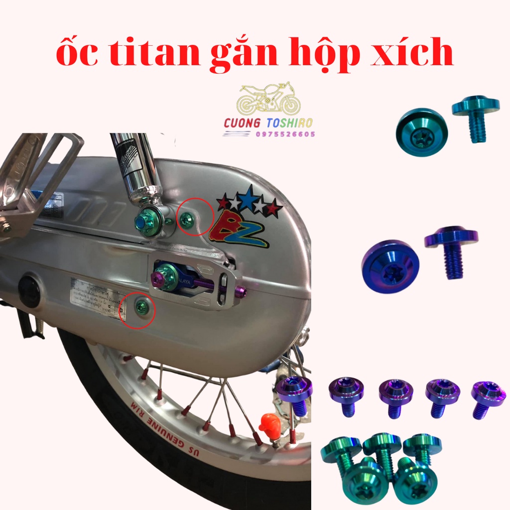 Ốc titan gr5 6li10 gắn hộp xích xe wave, bắt che sên, cate và nón bảo hiểm màu xanh lục bảo và tím