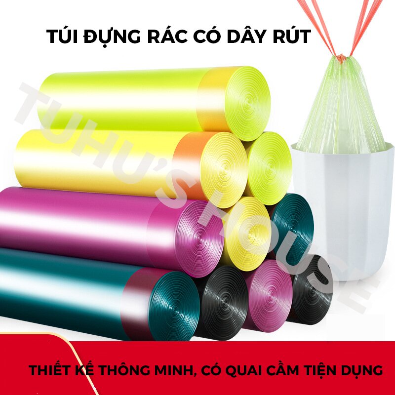 Túi đựng rác tự phân hủy sinh học, bọc đựng rác có quai, có dây rút tiện lợi - HUNONA