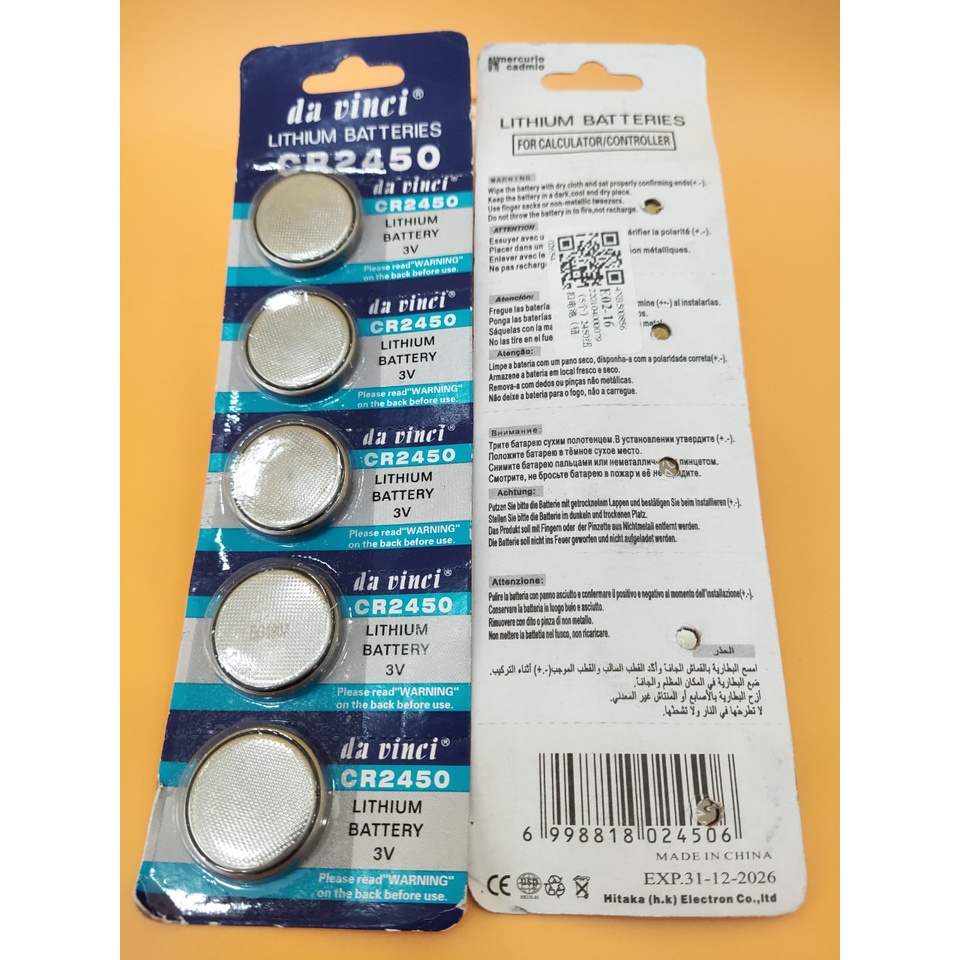 Pin cúc Lithium Da Vinci CR2450 / Lithium 3V CR2032 cho cmos, điều khiển, chìa khóa, cảm biến...