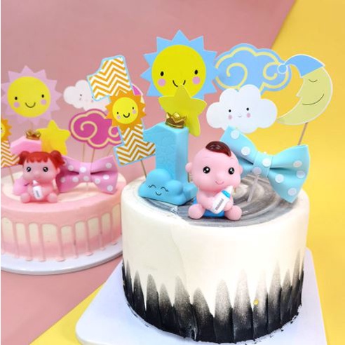 Phụ kiện trang trí bánh sinh nhật bánh kem - Set cắm 1 tuổi mặt trời trăng xanh, hồng và Cặp đôi em bé bình sữa