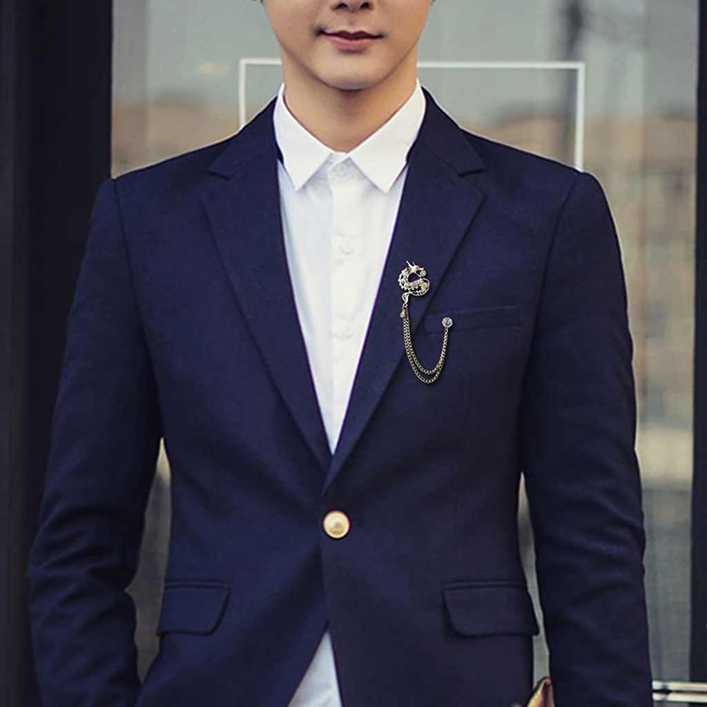 Ghim cài áo hình rồng đính kim cương giả phối dây xích thời trang Trung Hoa