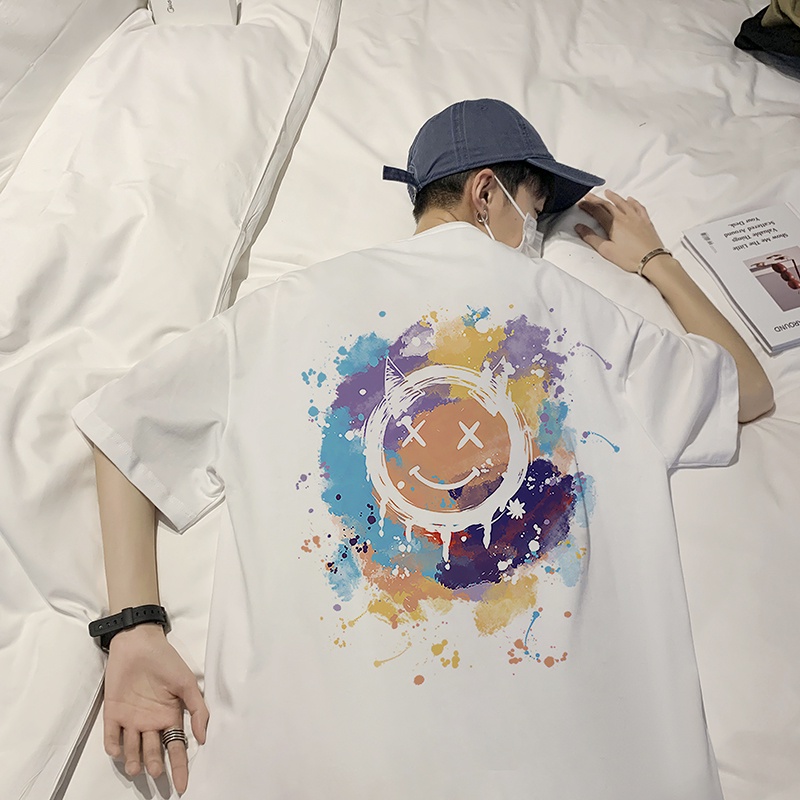 Áo thun tay ngắn dáng rộng in hình mặt cười phong cách mùa hè thời trang cho nam